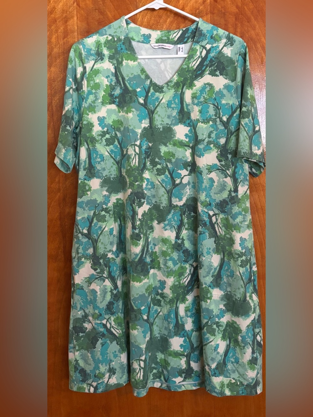 Isaac Mizrahi QVC Green & Teal Tree Print V-Neck Dress